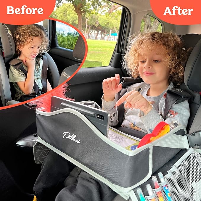 PILLANI Kids Travel Tray for Car - Car Seat Tray for Kids Travel, Car Trays for Kids Roadtrip Essentials, Carseat Table Tray for Kids Road Trip Activities - Toddler Lap Desk Organizer for Airplane