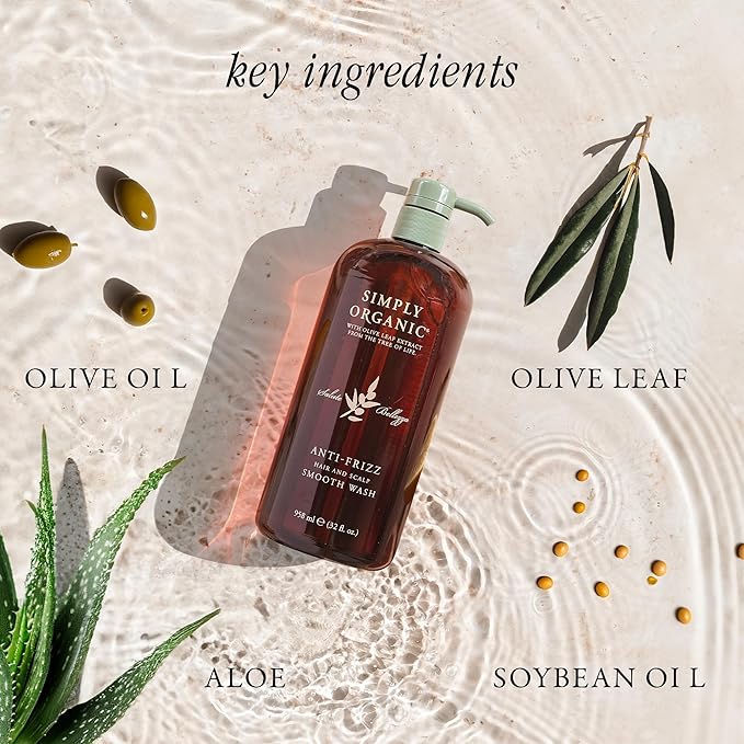 SIMPLY ORGANIC Frizz Control Hair Shampoo Scalp Wash Made in Italy, All Natural Cruelty Free Hair Care for Women & Men with Aloe Leaf Juice & Olive Leaf Extract, 32 fl oz/958 ml, ANTI-FRIZZ