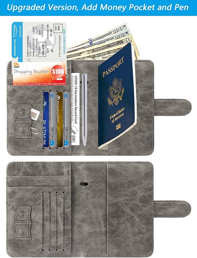 Passport Holder With Luggage Tag Cover Wallet RFID Blocking Leather Case Travel Essentials Accessories Travel Must Have(114#Grey)