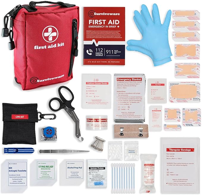 Surviveware 98 Pcs Comprehensive Premium Survival First Aid Kit - Medical Emergency Kit for Travel Camping Gear, Home Essentials & Outdoor Emergencies - HSA & FSA Eligible Survival Kit