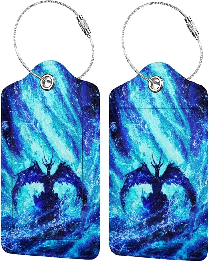 Set of 2 Dragon Luggage Tags for Suitcases Travel, Cool Blue Bag Tags for Luggage Backpack with Privacy Cover Id Label, Stainless Steel Loop and Address Card