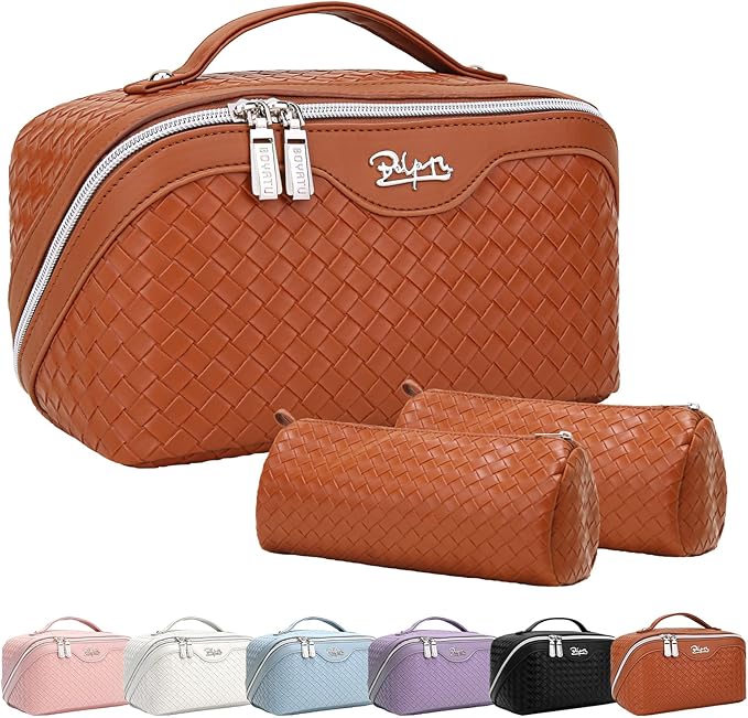 BOYATU Travel Makeup Bags for Women: 3 Pcs Large Make up Bags Set - Vegan Leather Cosmetic Bag for Traveling - Waterproof Toiletry Organizer Wide Open Portable Pouch (L08 Brown)
