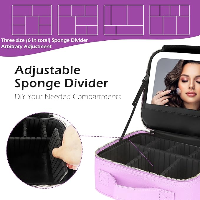 MOMIRA Travel Makeup Bag Cosmetic Bag Makeup Organizer Bag with Lighted Mirror, Adjustable Brightness in 3 Color Scenarios, Waterproof Makeup Train Case, Gift for Women - Purple
