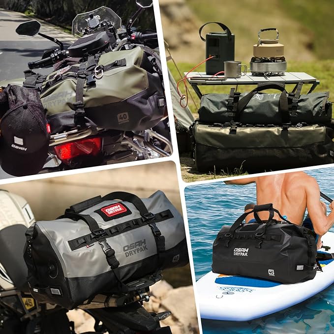 Waterproof Duffel Bag - Motorcycle Dry Bag 40L Tail Bag with Large Storage Space, Waterproof Duffle Bags with Outer Mesh Zipper Pocket for Camping, Kayaking, Fishing & Traveling-Green