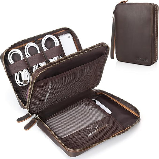 Polare Full Grain Leather Travel Cable Organizer Case Double Layer Electronics Accessories Carry Bag with YKK Zippers Tech Storage Bag for Cables, Power Bank, USB, SD Card
