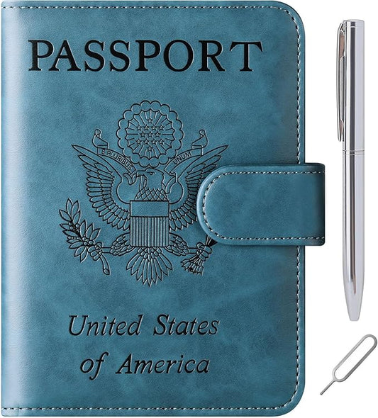Passport Holder Cover Wallet Travel Essentials Leather Rfid Blocking Case Vacation Luggage Must Haves Travel Accessories for Men Women (120#Blue)