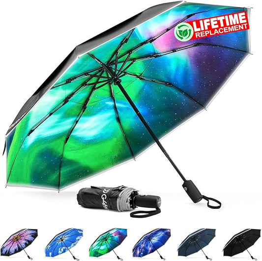 G4Free 42 Inch Eco Windproof Folding Umbrella for Rain & Sun 9 Ribs Wind Resistant Strong Fiberglass Double Canopy with Reflective Strip for Women Men Auto Open Close For Car & Backpack