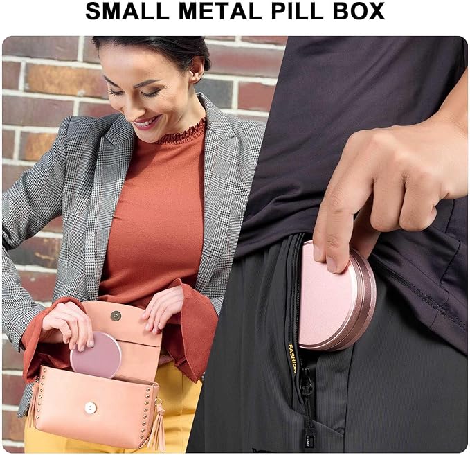 Metal Pill Organizer 4 Compartments - Portable Travel Pill Case Daily, Waterproof Pill Box for Purse, Compact Pill Holder Medicine Container Dispensers for Vitamin Cod Liver Oil Supplement Pink