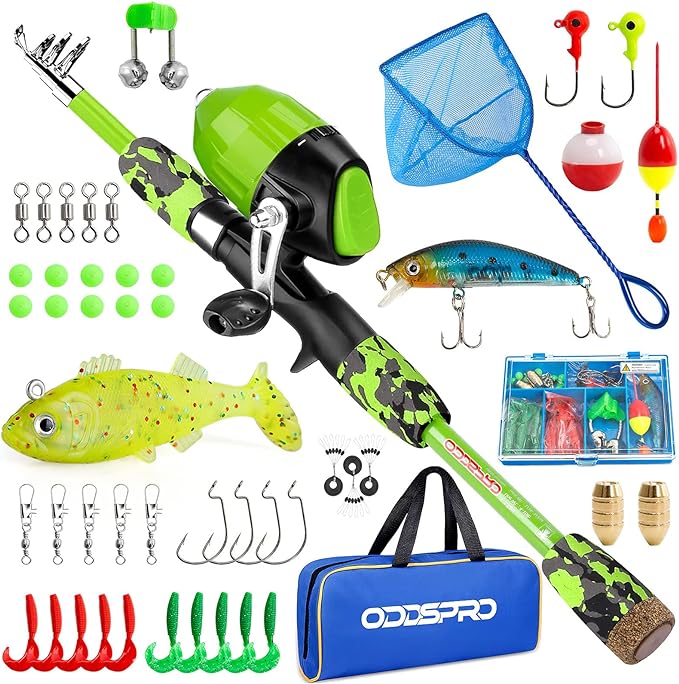 ODDSPRO Kids Fishing Pole Pink, Portable Telescopic Fishing Rod and Reel Combo Kit - with Spincast Fishing Reel Tackle Box for Girls, Youth