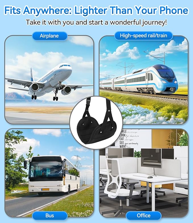 Portable Airplane Foot Hammock(Memory Foam)-Ultimate Comfort Bundle w/Sleep Mask & Ear Plugs, Foot Hammock for Plane Travel Essentials to Relax Your Feet, Airplane Foot Rest Perfect for Long Flight