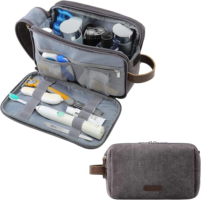 BAGSMART Toiletry Bag for Men, Canvas Travel Toiletry Organizer Dopp Kit Water-resistant Shaving Bag for Toiletries Accessories,Grey-Large
