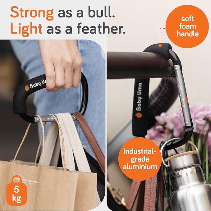 Baby Uma XL Stroller Hooks for Bags (2 Pack) - Universal Stroller Clips and Hooks with Foam Handle, 11 lb Weight Capacity per Carabiner, Adjustable & Non-Slip, Baby Travel Essential