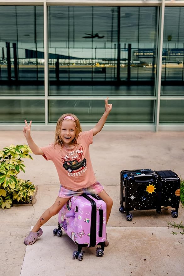Younglingz LIL FLYER GO Version 2 Ride On Suitcase for Kids | Carry On Luggage with Toddler Seat, Foldable Handlebars, Pedals, and Removable Wheels | Holds up to 80 lbs | Glam | Ages 2-6