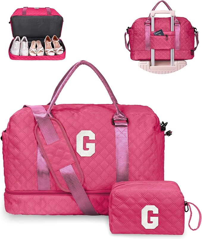 Gifts for College Girls, Gifts for Woman-Initial Travel Bag with Shoe Compartment, Personalized Weekender Bag, Monogram Overnight Bag for Women, Letter Travel Bag with Makeup Bag (Letter G)