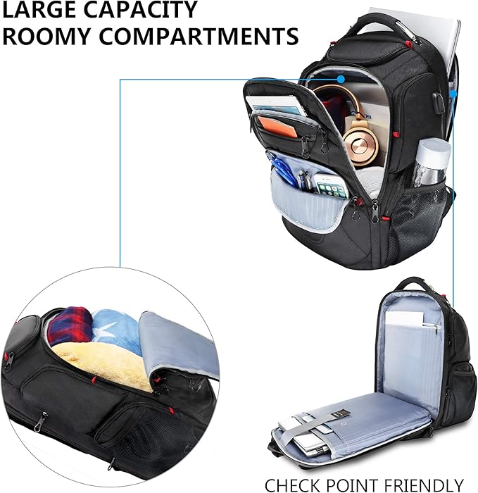 KROSER TSA Friendly Travel Laptop Backpack 17.3 inch XL Computer Backpack Water-Repellent College Daypack Business Backpack with RFID Pockets & USB Port for Men/Women-Black