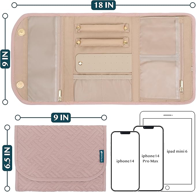 Pavilia Foldable Jewelry Organizer - Travel Roll Bag with Compartments for Earrings, Rings, Necklaces, Bracelets - Packing Accessory