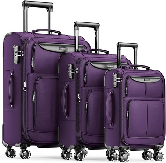 SHOWKOO Luggage Sets 3 Piece Softside Expandable Lightweight Durable Suitcase Sets Double Spinner Wheels TSA Lock Purple (20in/24in/28in)