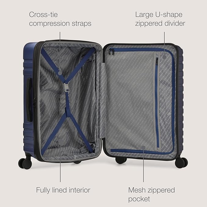 U.S. Traveler Boren Polycarbonate Hardside Rugged Travel Suitcase Luggage with 8 Spinner Wheels, Aluminum Handle, Navy, Checked-Large 30-Inch