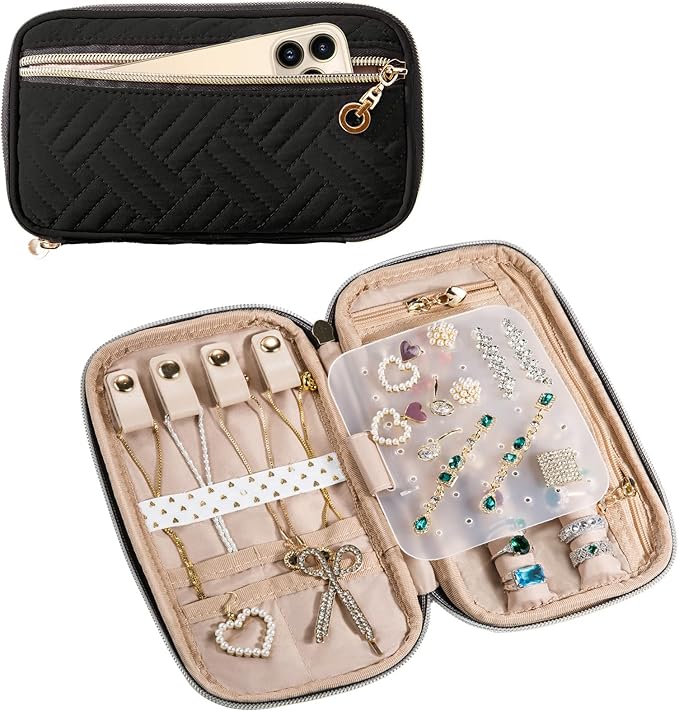 SFYBYHEART Travel Jewelry Organizer Case, Jewelry Travel Bags for Women, Small Travel Jewelry Case for Tangle-Free Earrings, Necklaces, Rings Storage, Travel Accessories, Black
