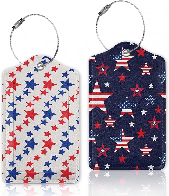 American Patriotic Stars Luggage Tags Bag Tag with Privacy Cover Name Id Card Stainless Steel Loop Suitcase Labels Pu Leather USA Flag Baggage Tags for Travel,2 Pcs
