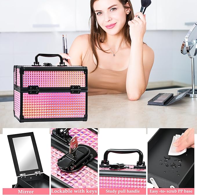 Makeup Case Organizer,Makeup Train Case, Trays Cosmetic Box Portable, Profesional for Salon Barber,Black Bright Pink
