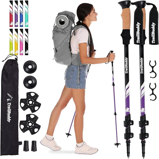 TrailBuddy Trekking Poles - Lightweight, Collapsible Hiking Poles for Snowshoe & Backpacking Gear - Pair of 2 Walking Sticks for Hiking, 7075 Aluminum with Cork Grip