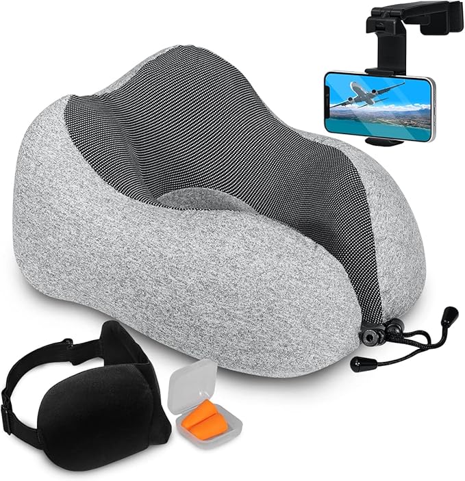 Airplane Neck Pillow Includes Travel Pillow + Airplane Phone Holder Mount + Eye Masks + Earplugs for Travel, 100% Pure Memory Foam Travel Pillow, 4 Pc Travel Kit, 2 Pack