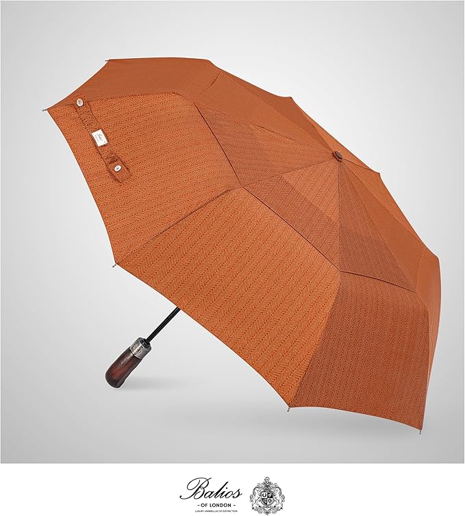 Balios Travel Folding Umbrella with Real Wood Handle Auto Open Close Vented Windproof Canopy - Designed in UK
