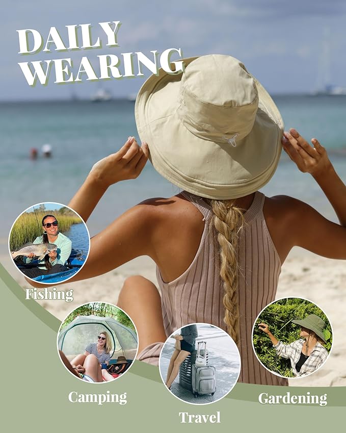 Sun Hats for Women Gardening Hat Wide Brim Ponytail Beach Sun Protection Breathable Cotton Summer Hat with Fold-Up Brim