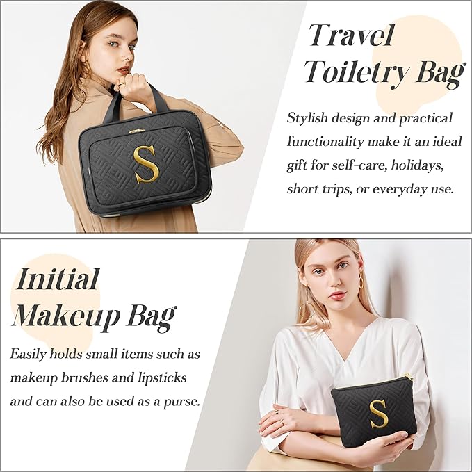 Personalized Gifts for Women, Initial Toiletry Bag Hanging Travel Organizer & Makeup Cosmetic Bag with Embroidery Letter Teacher Appreciation Gift Birthday Mothers Day Gifts for Mom Wife Friend Sister