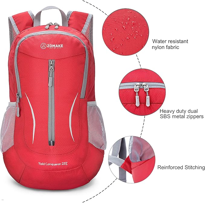 ZOMAKE Ultra Lightweight Packable Backpack 25L, Foldable Hiking Backpacks Water Resistant Small Folding Daypack for Travel(Red)