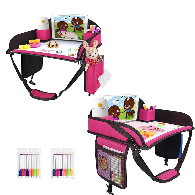 2Pcs ‎Kids Travel Tray, Kids Travel Trays for Car Seat, Road Trip Essentials for Toddler, Carseat Lap Tray with Dry Erase Board & Storage Organizer for Road Trip Activities for Kid, Pink