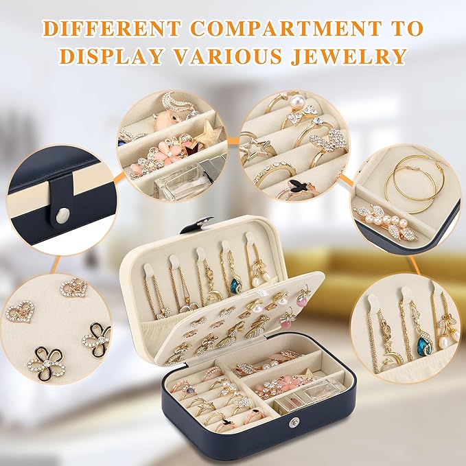 Travel Jewelry Box, PU leather Small Jewelry Organizer For Female Girls, double layer portable mini travel case for storing earrings, rings, necklaces.(dark blue)