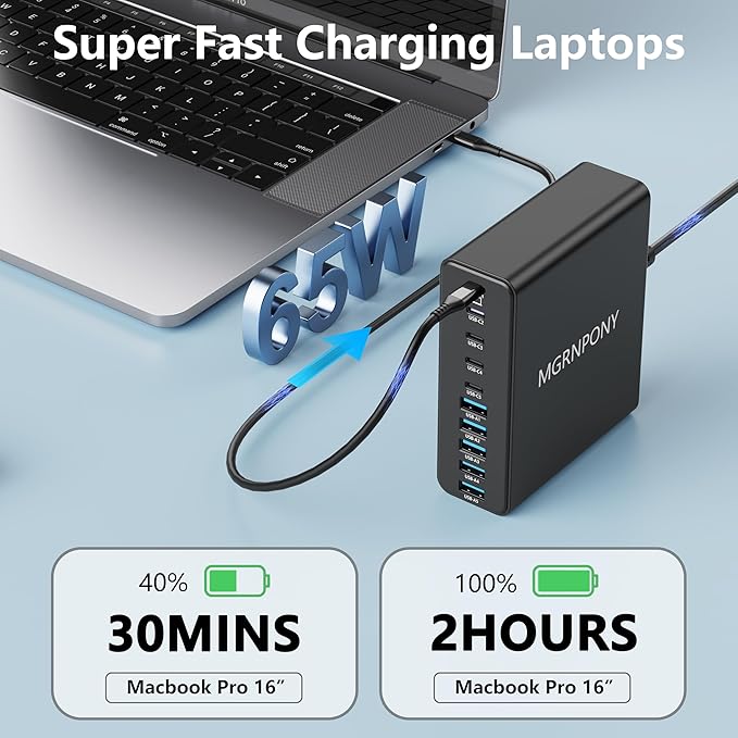 320W USB C Charger Block, 10-Port USB C Charging Station GaN III PD 65W PC Laptop Fast Charger Adapter for MacBook Pro/Air, DELL, iPad, iPhone, Samsung Galaxy Black