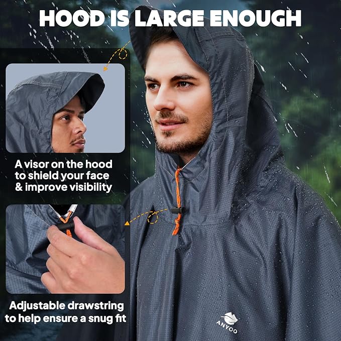 ANYOO Hooded Rain Poncho for Adults Waterproof Lightweight Rain Coat for Men Women Reusable Rain Jacket for Emergency Outdoor