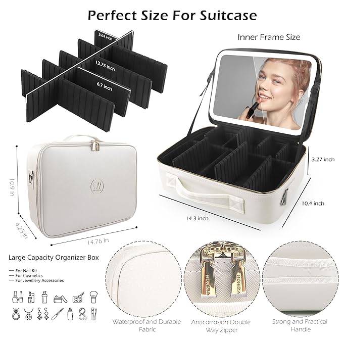 MOMIRA Travel Makeup Bag Cosmetic Bag Makeup Organizer Bag with Lighted Mirror, Adjustable Brightness in 3 Color Scenarios, Waterproof Makeup Train Case, Gift for Women - Khaki (Large)
