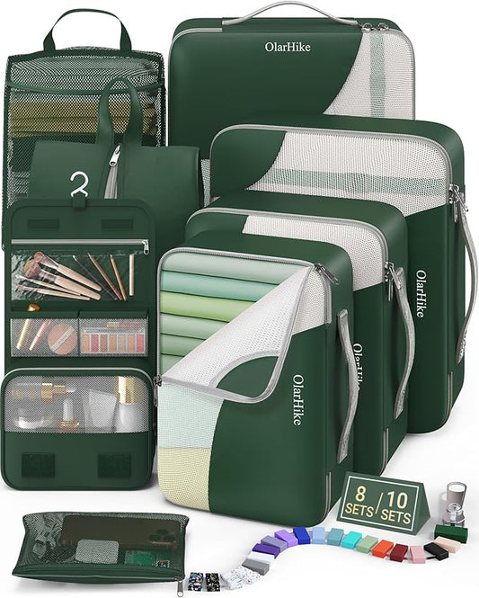 8 Set Packing Cubes for Travel, Gifts for Women Mom,Anti-Tearing Suitcase Organizer for Luggage with Shoe & Hanging Toiletry Bag,OlarHike Vacation Essentials & Accessories for Cruise Ship,Dark Green