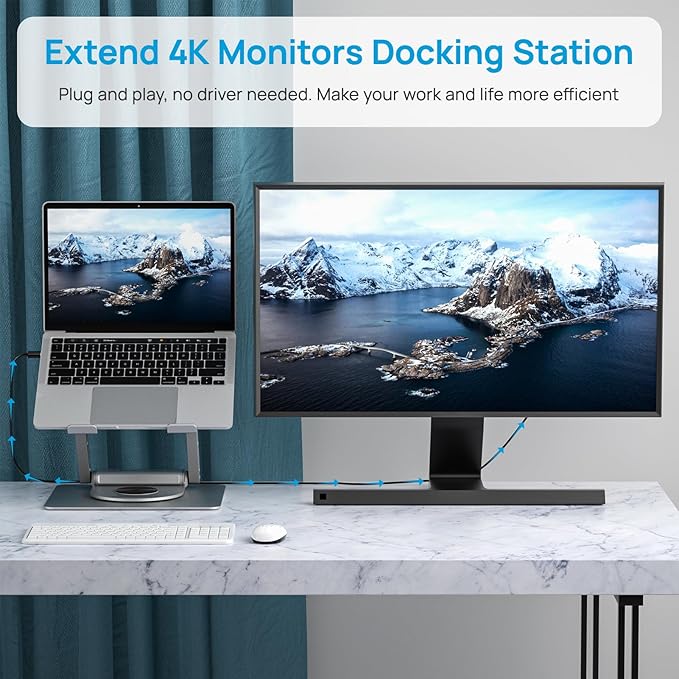 Adjustable Laptop Stand with 360 Rotating Base & USB Docking Station for MacBookPro/Air/Dell/HP/Lenovo, Portable Ergonomic Laptop Riser for Desk with USB Hub 100W PD/4K HDMI/Usb3.0/1000Mbps Ethernet