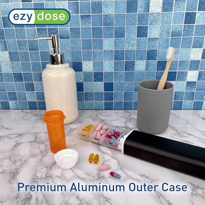 EZY DOSE Slide Pill Organizer, Stylish Medication Storage Case with Durable BPA-Free Plastic with Aluminum Exterior, Large 7-Day Weekly Compartments, Tablets, Vitamins, Compact, 9-Inch, Black