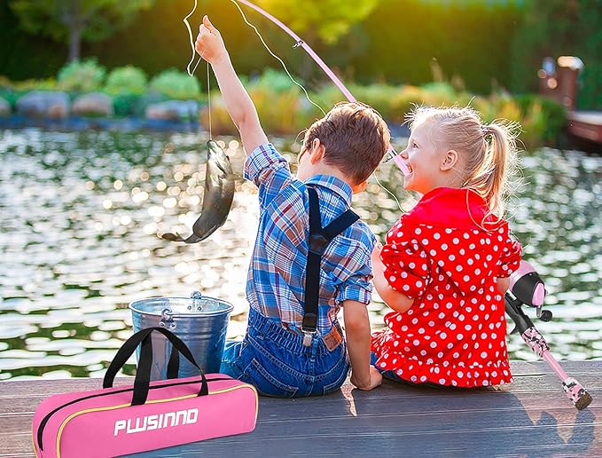 PLUSINNO Kids Fishing Pole with Spincast Reel Telescopic Fishing Rod Combo Full Kits for Boys, Girls, and Adults