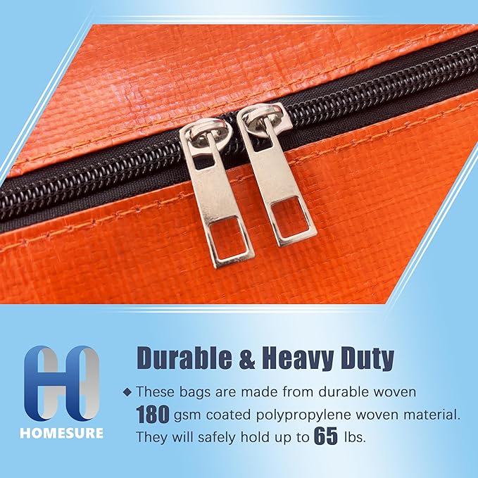 4 Pack Large Strong Moving Bags with Zippers & Carrying Handles - Water-Resistant - Heavy Duty Storage Tote for Space Saving, Fold Flat, Alternative to Moving Box (Orange)
