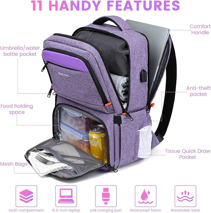 Lunch Backpack, Insulated Cooler Backpack Lunch Box for Women, 15.6 Inch RFID Blocking Laptop Backpack with USB Port, for Work Travel Picnics Hiking Purple