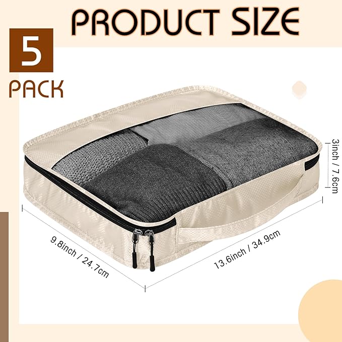 5 Pcs Packing Cubes for Suitcase Large Travel Cubes Carry on Luggage Organizer Bags for Clothes Accessories(S,Khaki)