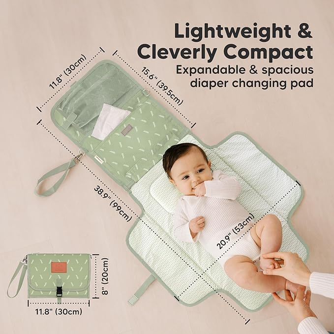 KeaBabies Portable Diaper Changing Pad - Large Waterproof Baby Changing Mat, Compact Travel Diaper Clutch, Functional Pockets Fit Newborn Essentials, Wipeable & Padded Baby Changer (Acacia)