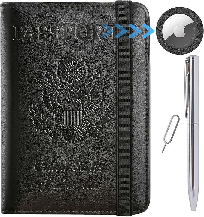 Airtag Passport Holder Cover Wallet Travel Essentials RFID Blocking Leather Card Case International Must Haves Travel Accessories for Women Men(119#Black)