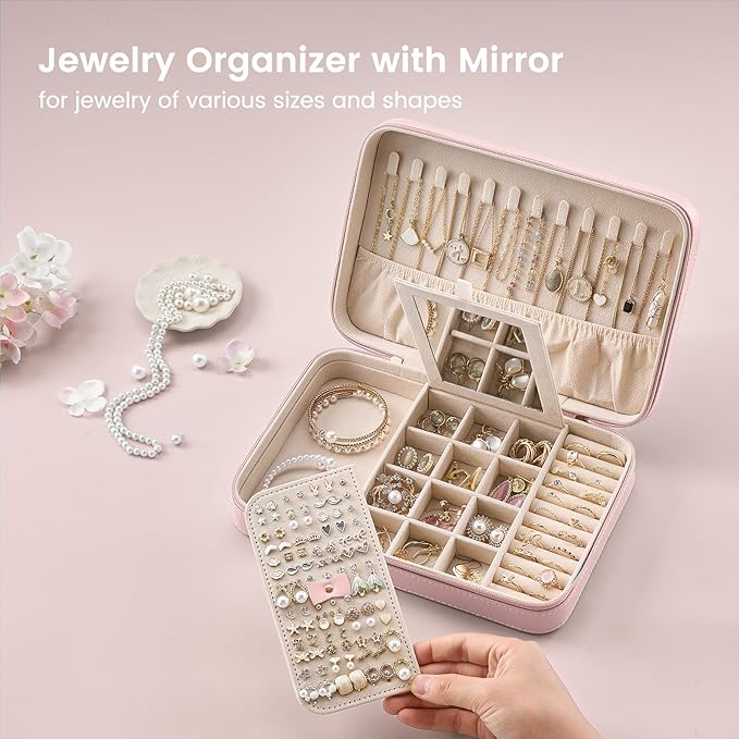 Lolalet Travel Jewelry Case for Women Girls, Travel Jewelry Organizer Box with Mirror & Clear Storage Bag, Small Portable Earring Necklace Bracelet Ring Case, Birthday Christmas Gifts -Large, Pink