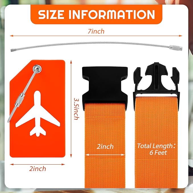 Weewooday 8 Pcs Luggage Straps Suitcase Tags Set for TSA Approved, 4 Travel Adjustable Suitcase Belt, 4 Silicone Luggage Tags with Name ID Card Travel Accessories(Orange,Airplane)