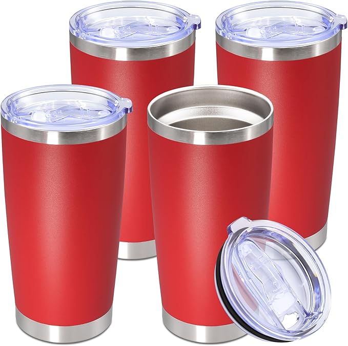 20oz Tumbler Stainless Steel Tumbler Cup with Lid Vacuum Insulated Double Wall Travel Mug, Durable Powder Coated Travel Coffee Tumbler Mug for Hot & Cold Drinks, Red,4 Pack