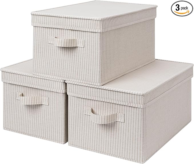 StorageWorks Large Storage Bins with Lids, Decorative Storage Boxes with Lid and Handles, Foldable Storage Baskets for Closet, Shelves, Stackable, Khaki Stripe, 3-Pack