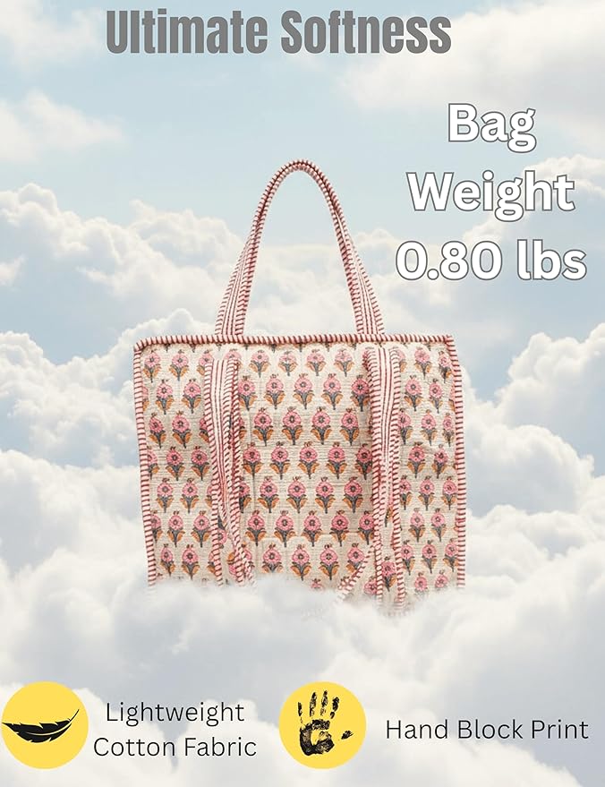 Cotton Quilted Tote Bag for Women – Large Beach & Travel Tote with Zipper, Reusable Grocery Bag